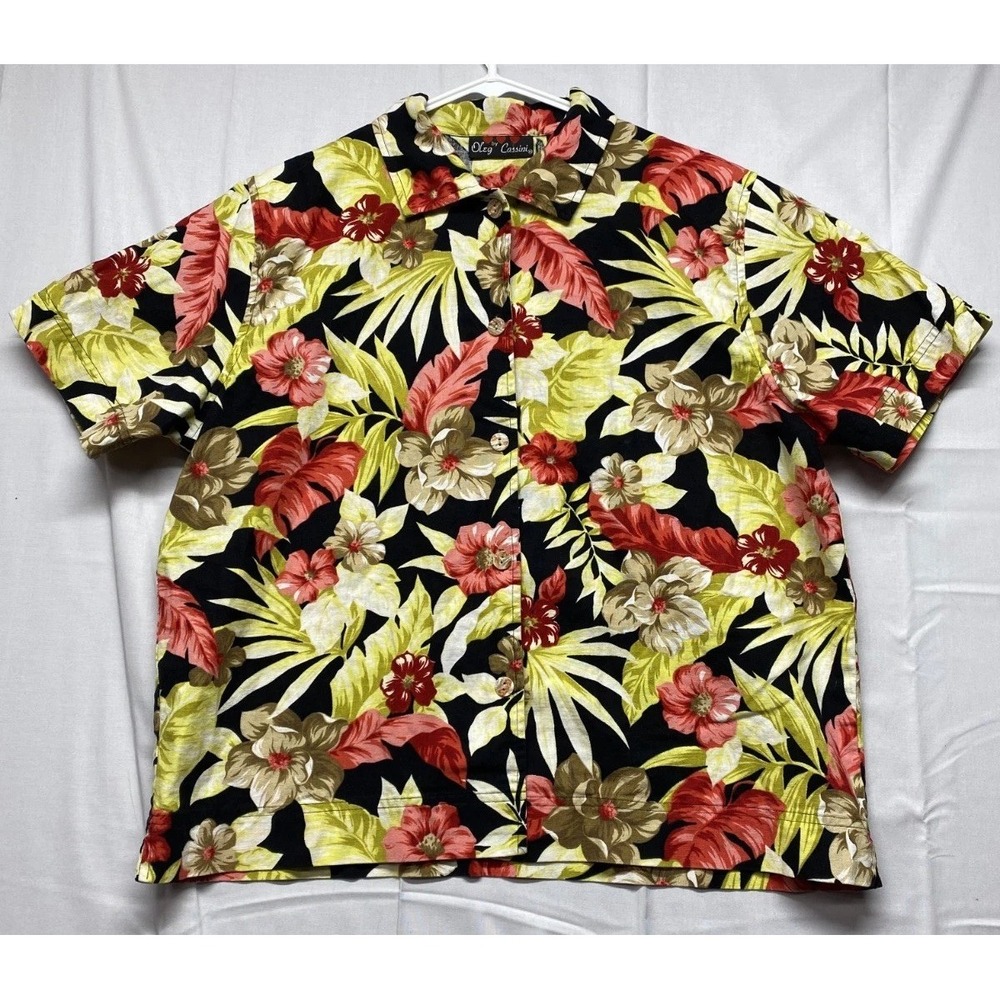 Oleg By Cassini Shirt Womens Large Multi Linen Tropical Hibiscus Print Button Up
